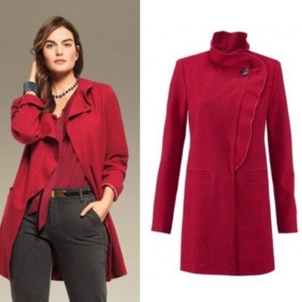 Cabi Ruffle Houndstooth Jacket Women Small Red Asymmetrical Button 3546